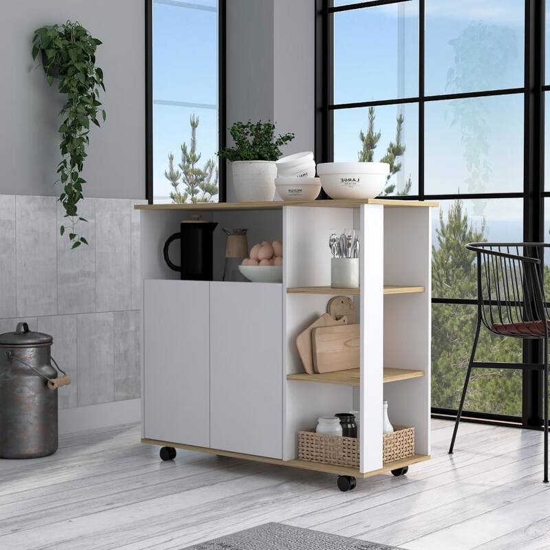 Kitchen cart 35" H, Four Open Shelves, Double Door Cabinet, Four Casters - Light Oak/White