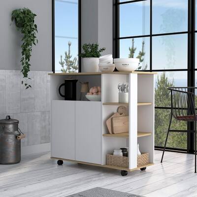 Kitchen cart 35" H, Four Open Shelves, Double Door Cabinet, Four Casters - Light Oak/White