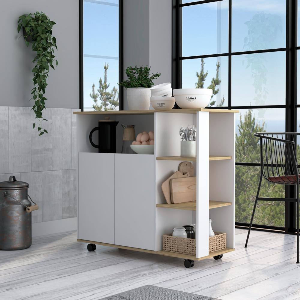Kitchen cart 35" H, Four Open Shelves, Double Door Cabinet, Four Casters - Light Oak/White