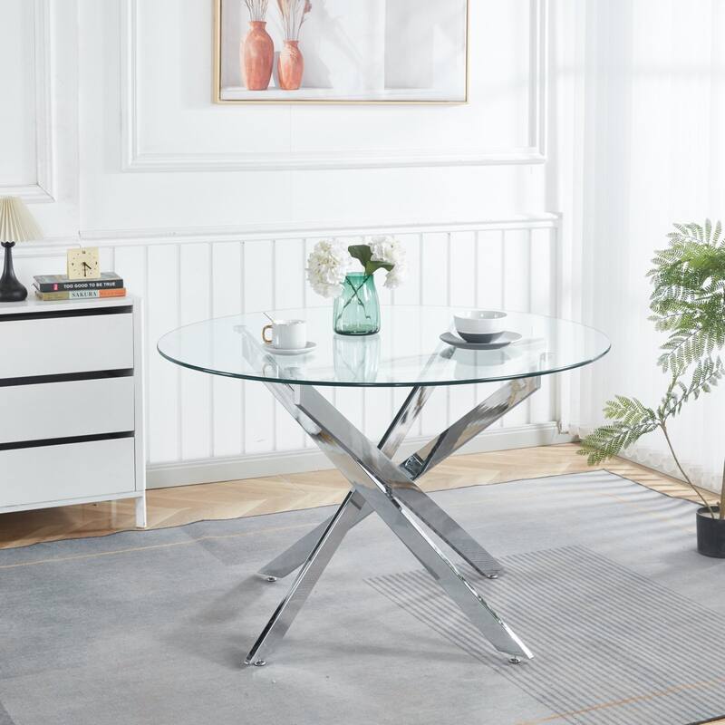 47.24"L Round Dining Table with Cross Metal Leg and Glass Top - Silver