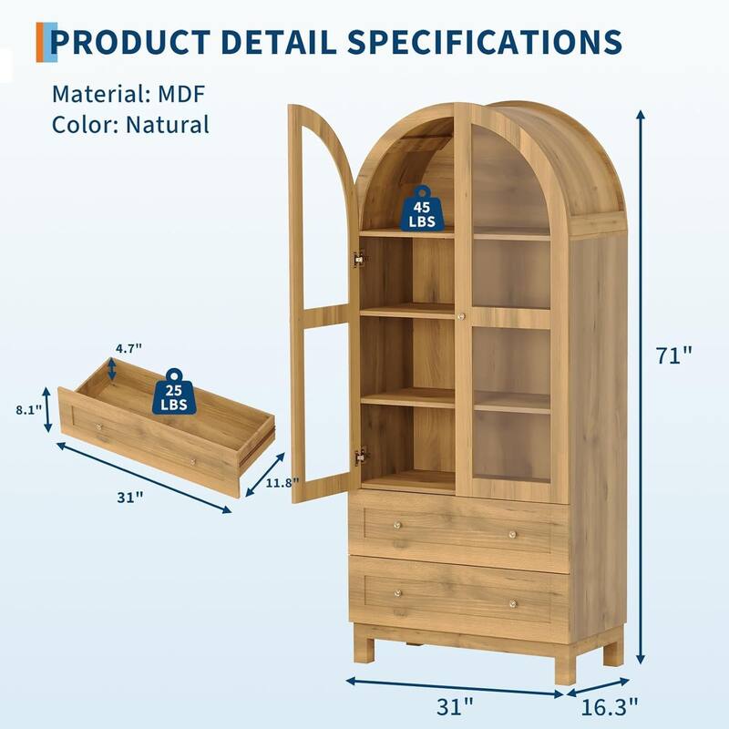 71" Tall Arched Kitchen Pantry Cabinet – Modern Farmhouse Storage Cabinet with Adjustable Shelves, Hidden Drawer