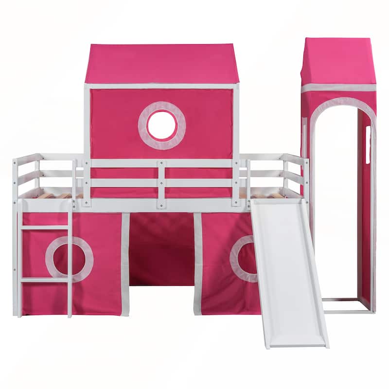 Twin Size Loft Bed with Slide Tent and Tower