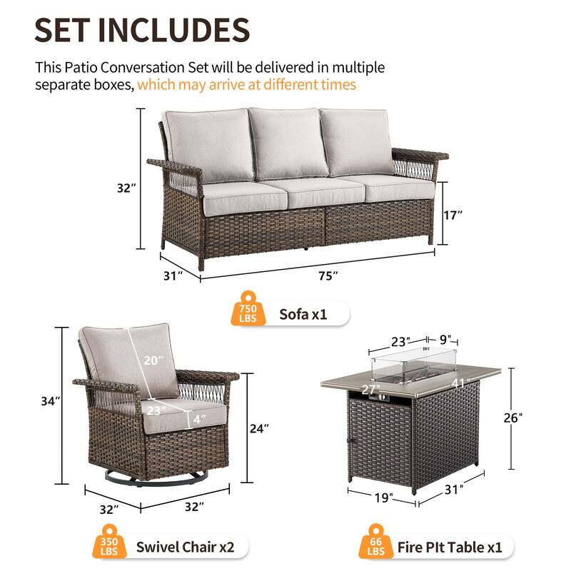 Pocassy 41 in Fire Pit Table with Patio Sofa Swivel Chair Set