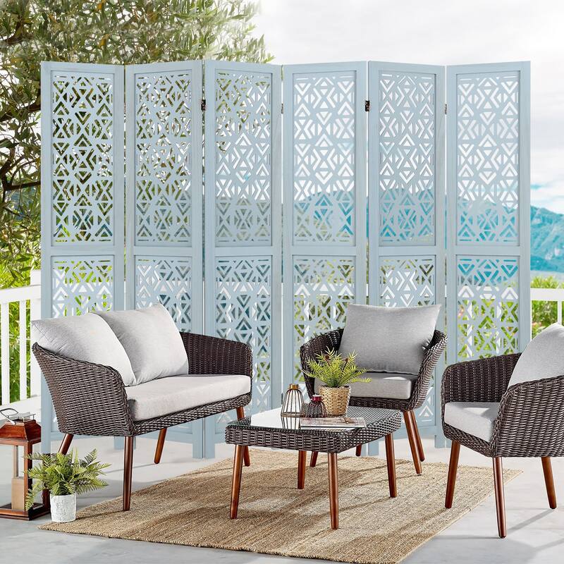 Gymax 6-Panel Wooden Room Divider w/ Carved Cutout Pattern & Solid