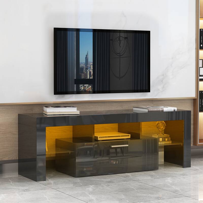 Modern 51-Inch TV Stand with 16-Color RGB LED Lights, Remote Control, and Storage Drawers for TVs up to 55 Inches.