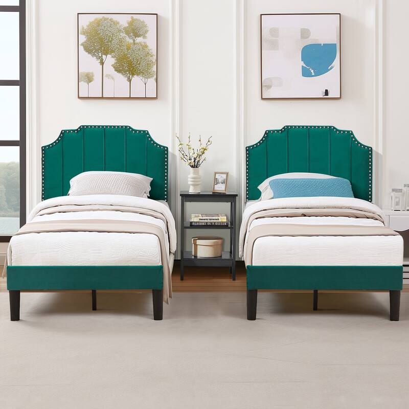 VECELO Double Twin Bed Set 41"-47" Adjustable Height Platform Bed with Nailhead Trim 7.8" Underbed Storage No Box Spring Needed - Green
