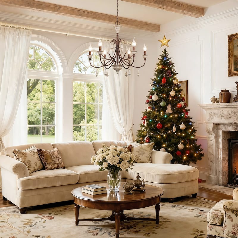 Farmhouse 6-Light Wood Chandelier French Country Candle Ceiling Light for Dining Room - D 26.5" x H 22.5"