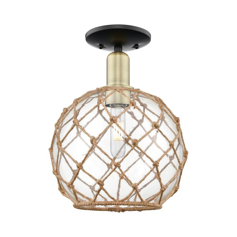 Innovations Lighting 716-1C-14-10 Farmhouse Rope Semi-Flush Farmhouse - Black Antique Brass / Clear Glass with Brown Rope