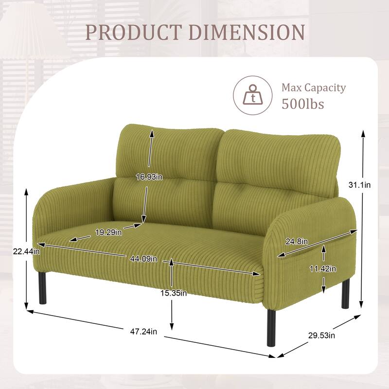 Small Corduroy Upholstered Loveseat Sofa, Lounge Sofa Chair with Double Side Pockets, High-Density Sponge 2 Seater Sofa