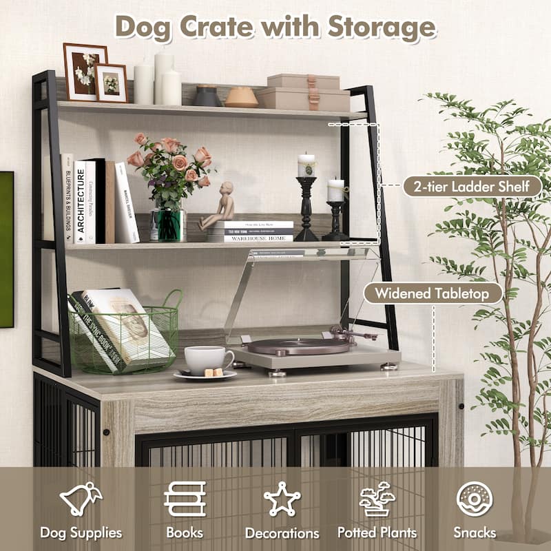 Wooden Dog Crate with Storage Shelves, Tray and Lockable Wheels - 59" x 38" x 25" (L x W x H)