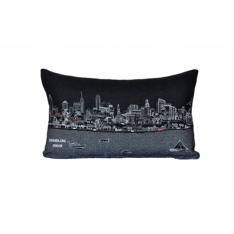 HomeRoots 25" Black Philadelphia Nighttime Skyline Lumbar Decorative Pillow
