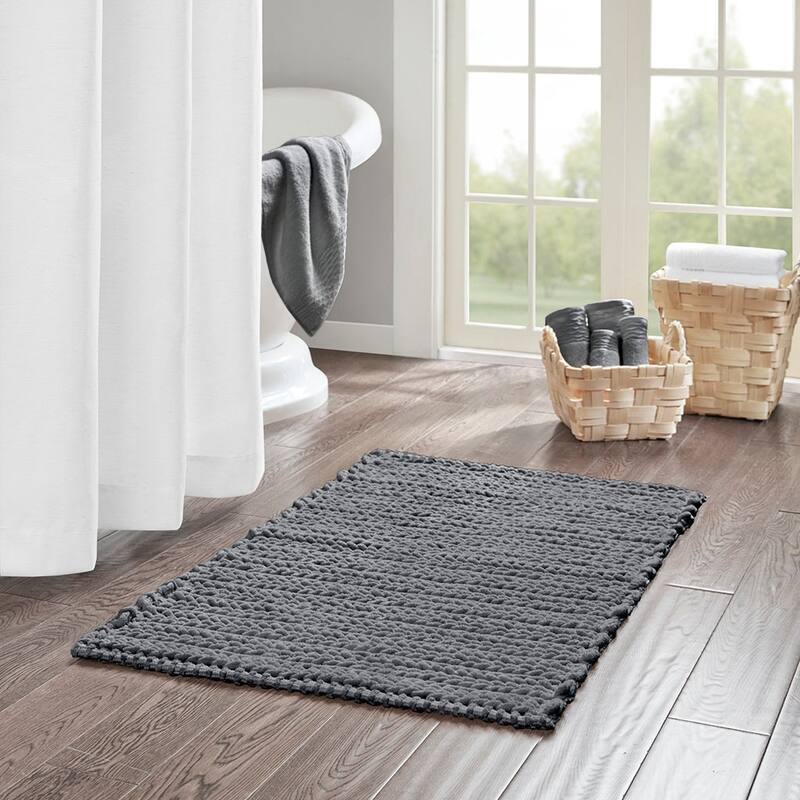 Cotton Chenille Chain Stitch Rug For Bath Room - Charcoal