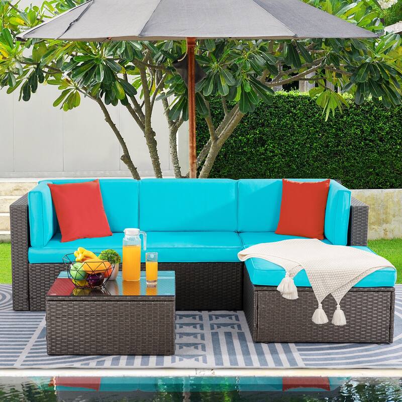 Futzca 5-Piece PE Wicker Outdoor Patio Furniture Set - Blue
