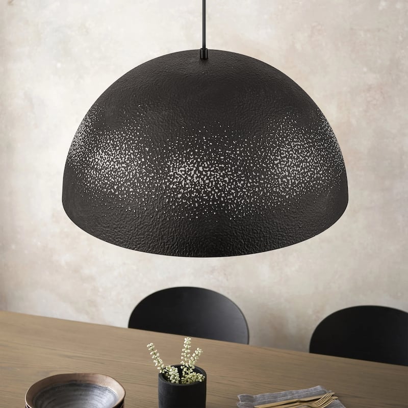 1-Light Vintage Industrial Painted Black Gold Leaf Dome Pendant Kitchen Island Lighting - 19.6 in. W x 11.8 in. H
