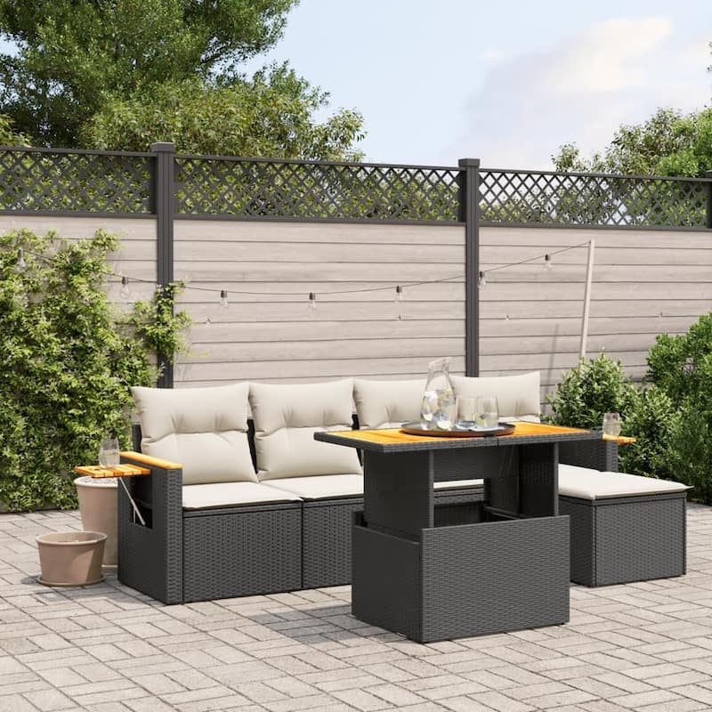 vidaXL Patio Sofa Set with Cushions Table and Footstool 6 Piece Poly Rattan - 21.7 x 39.4 x 28.7 in - Black and cream