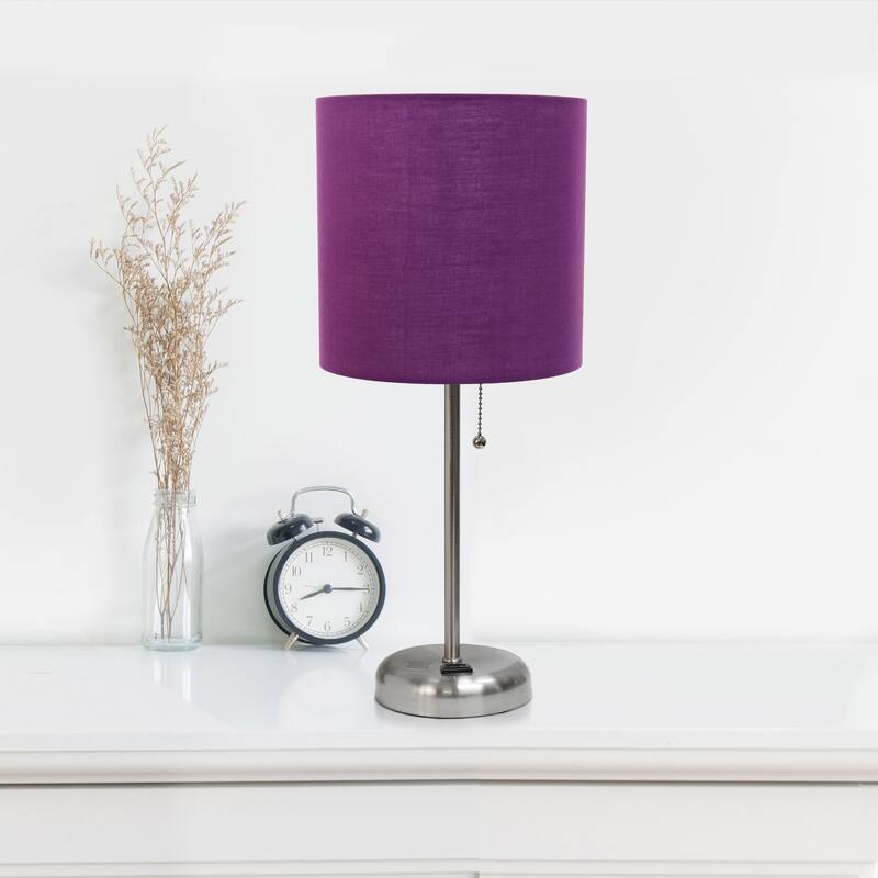 19.5 in. Brushed Steel Finish Table Lamp with Purple Shade, Durable Stick Lamp for End/Side Tables, Set of 2