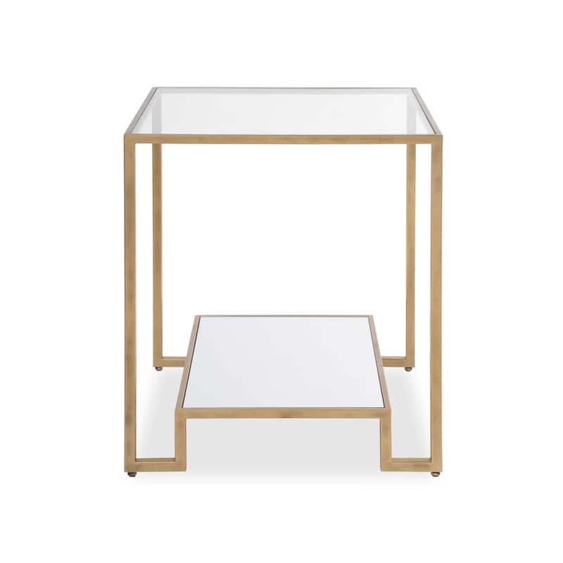 Kix Side End Table, 20 Inch Square Glass Top, Open Shelf, Antique Gold
