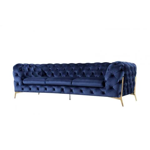 Contemporary 97" Blue Velvet And Gold Accent Sofa - 30" x 97" x 40"