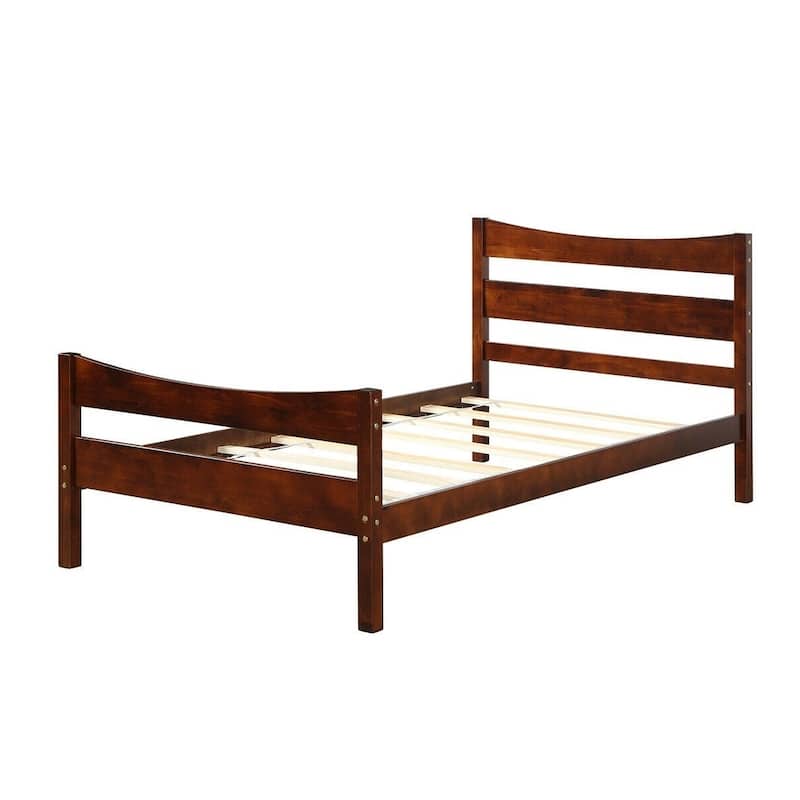 Walnut Pine Wood Twin Platform Bed with Slat Support and Underbed Storage - Walnut