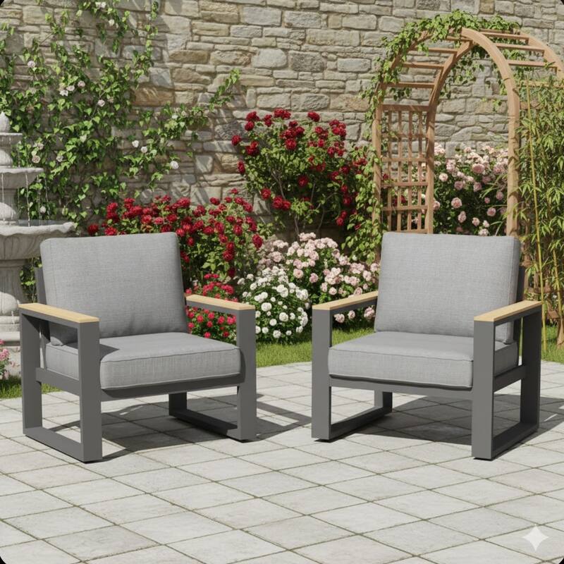 Set of 2 26.6" Aluminum Patio Armchairs with Thick Gray Cushions