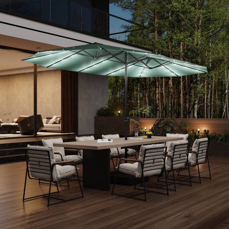 15ft Solar LED Double Patio Umbrella with Base, Extra Large Twin Outdoor Market Umbrella with 36 Lights, 180g Polyester Canopy