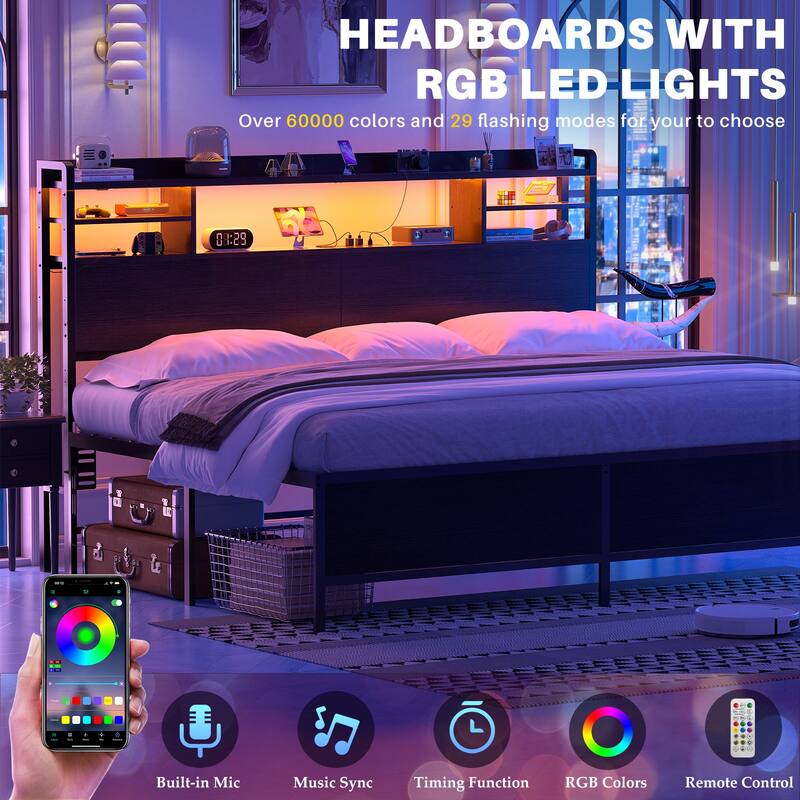 Storage Headboard with USB Port and Power Outlet, Head Board with LED Light for Bed Frame