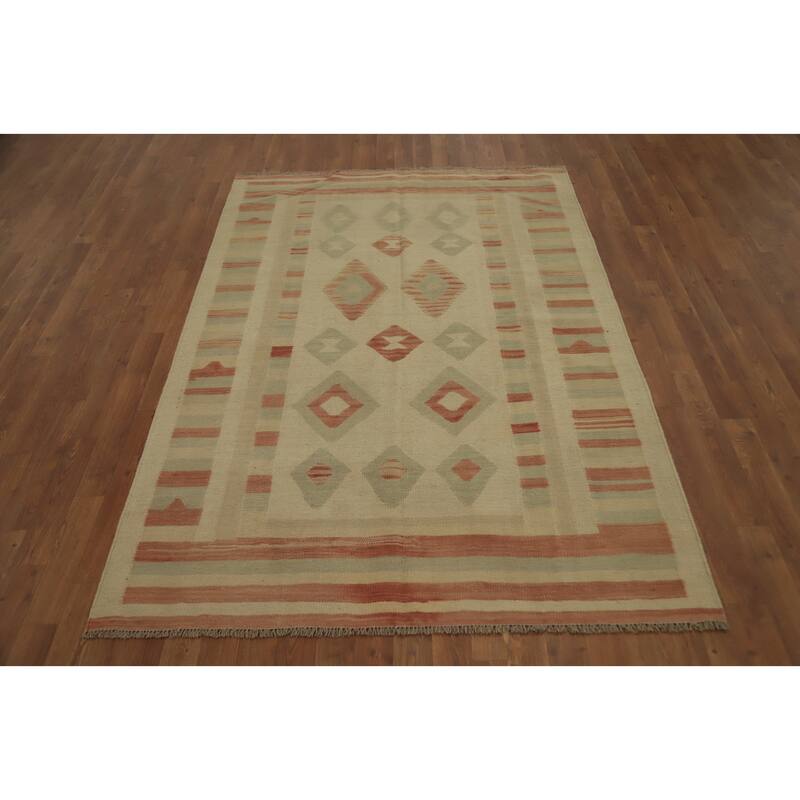 Hand Woven Oriental 100% Wool Carpet Southwestern Tribal Beige & Ivories Kilim Area Rug - 6' 9'' X 4' 8''
