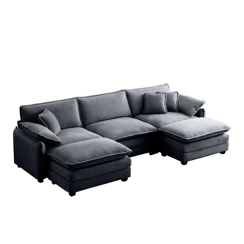 5-piece Corduroy Upholstered U-Shaped Modular Sectional Sofa with 2 Removable Ottoman, 5 Pillows, and Free Combination