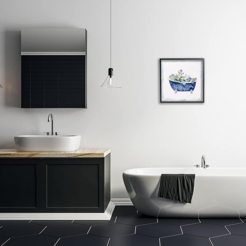 Stupell Charming Blue Bathtub Botanical Floral Design Watercolor Border Framed Wall Art - White
