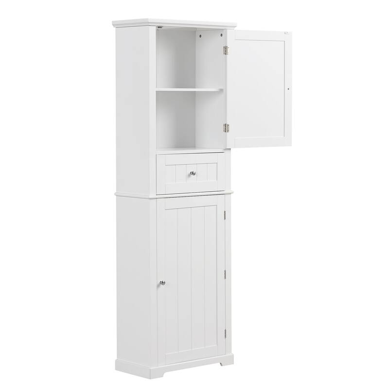67" Tall Wood 2-door Bathroom Cabinet with Drawer and Adjustable Shelf