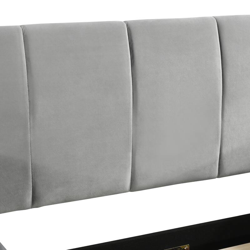 Mother & Child Bed Frame, Velvet Upholstered Grounded Bed, Bedside Desk and Little Round Stool,Wood Low Profile Bed Platform Bed