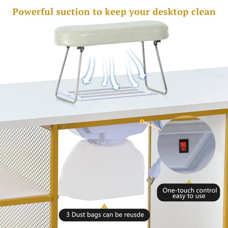Manicure Table Marbling Texture Nail Table With Electric Downdraft Vent Wrist Cushion Lockable Wheels Storage Layers Cabinet