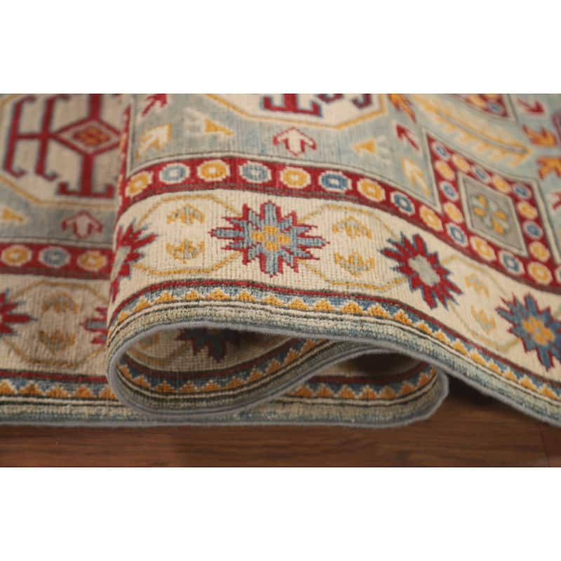 Geometric Kazak Runner Rug Handmade Traditional Blue Wool Carpet - 2'8" x 13'6"