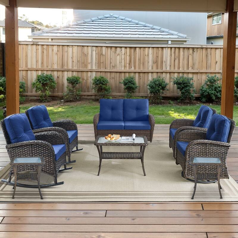 Gymojoy Outdoor Wicker Patio Furniture Loveseat Glider & Chair Set - Loveseat Set - Swivel Chairs & Rocking Chairs - Brown Wicker / Blue Cusion