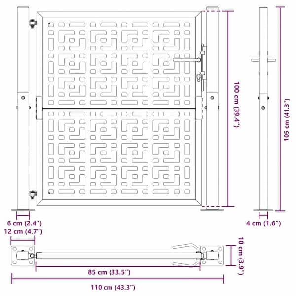 dimension image slide 4 of 7, vidaXL Garden Gate Black 39.4x49.2" Steel Trace Design