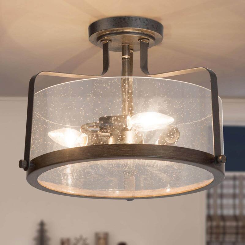 Modern Gold 3-Light Drum Glass Semi-flush Mount Ceiling Lights - D14" x H10.5" - Brown