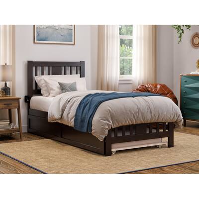 Vogue Twin XL Bed with Trundle & Footboard - Espresso Solid Wood Platform Bed with Charger