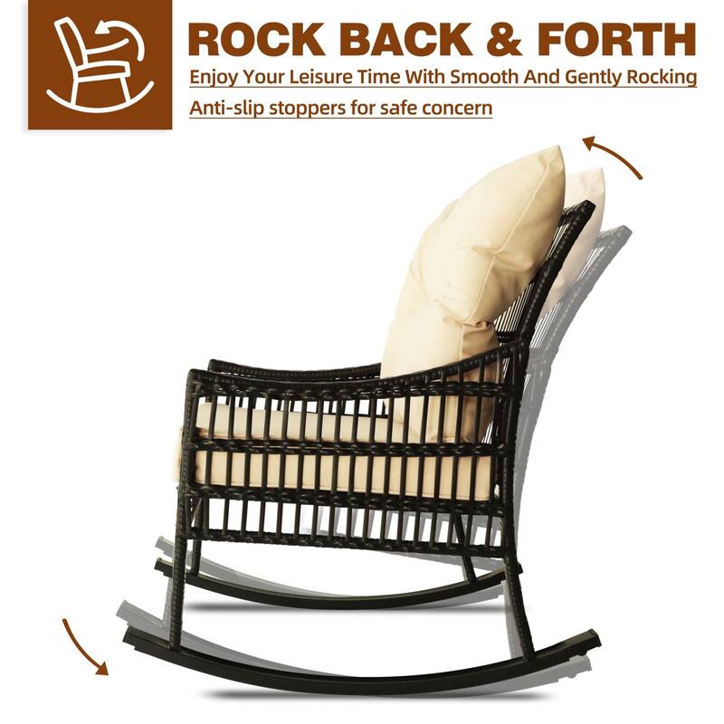 VEIKOUS 3-Piece Outdoor Wicker Patio Porch Rocking Chair and Rattan Coffee Table Set with Cushions and Pillows