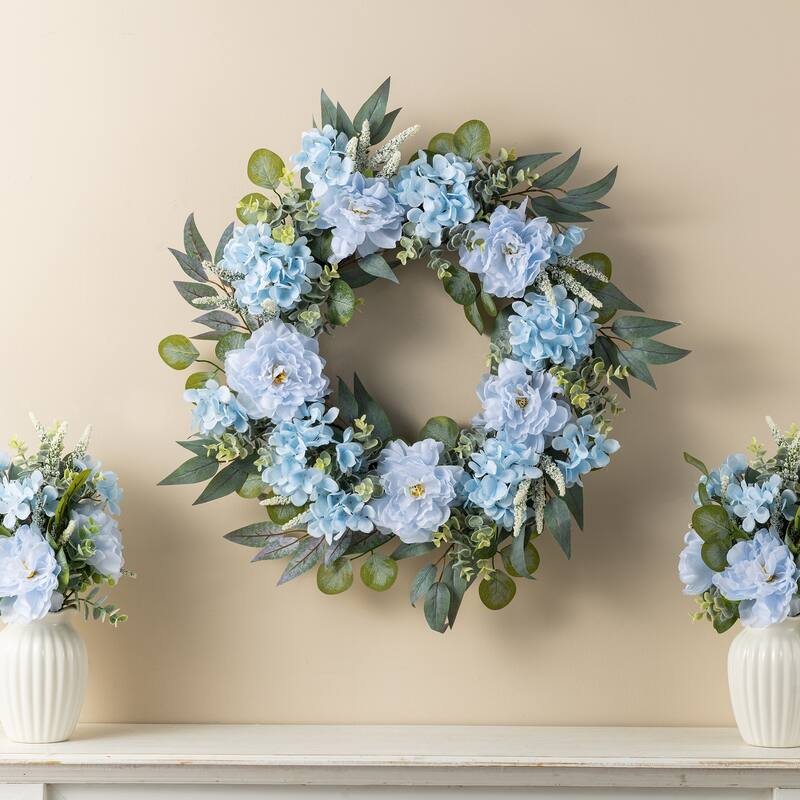 Glitzhome 24"D Artificial Floral Wreath with Peach Dahlia, Blue Peony & Hydrangea or Pink Hydrangea, Peony & Cherry - Peony & Hydrangea
