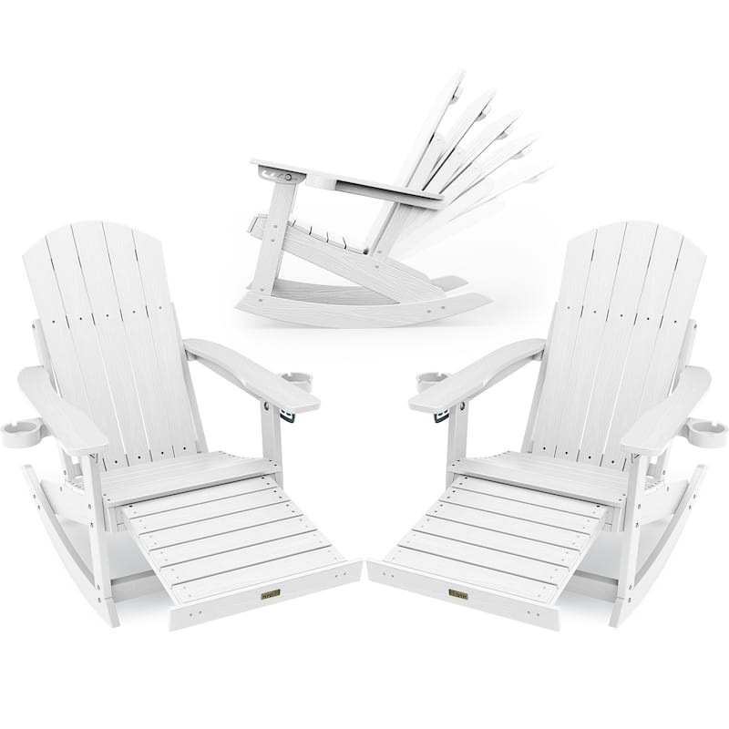 WINSOON HIPS Outdoor Rocking Chair with Adjustable Backrest and Retractable Ottoman-Set of 2 - White