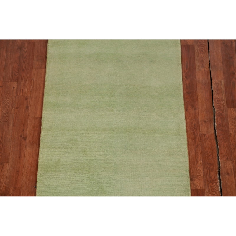 Hand Knotted Oriental 100% Wool Carpet Modern Solid Green Gabbeh Runner Rug - 8' 3'' X 2' 9''