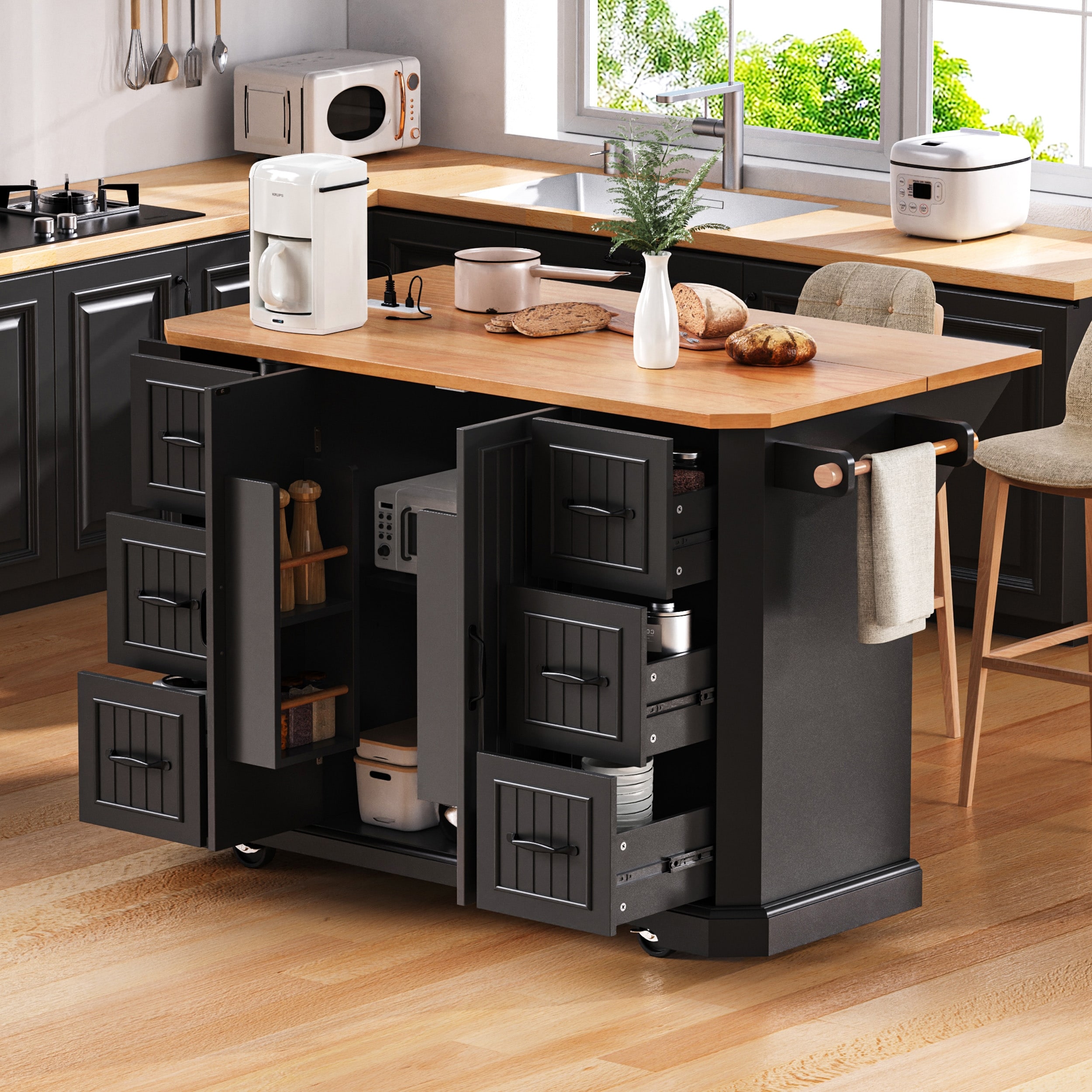 56" Rolling Kitchen Island with Drop Leaf, Outlet,Doors & Drawers