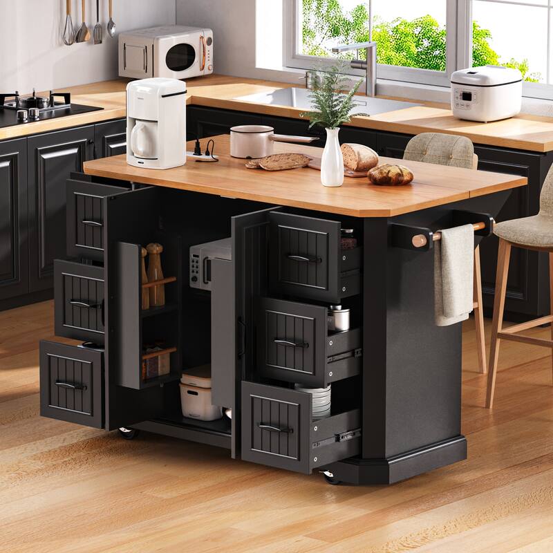 Kitchen Island Embossed Vertical Stripe Rolling Kitchen Cart with Rubber Wood Veneer Drop Leaf - Black