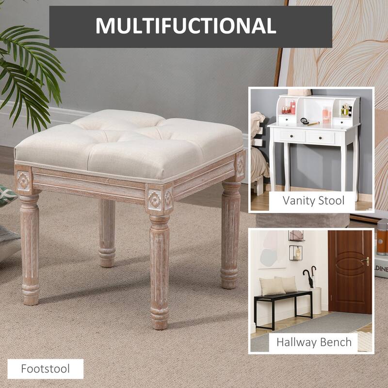 Upholstered Foot Stool with Button-Tufted Linen Cushion and Fluted Wooden Legs for Living Room