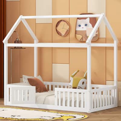 Twin Pine House Bed with Fence and Door