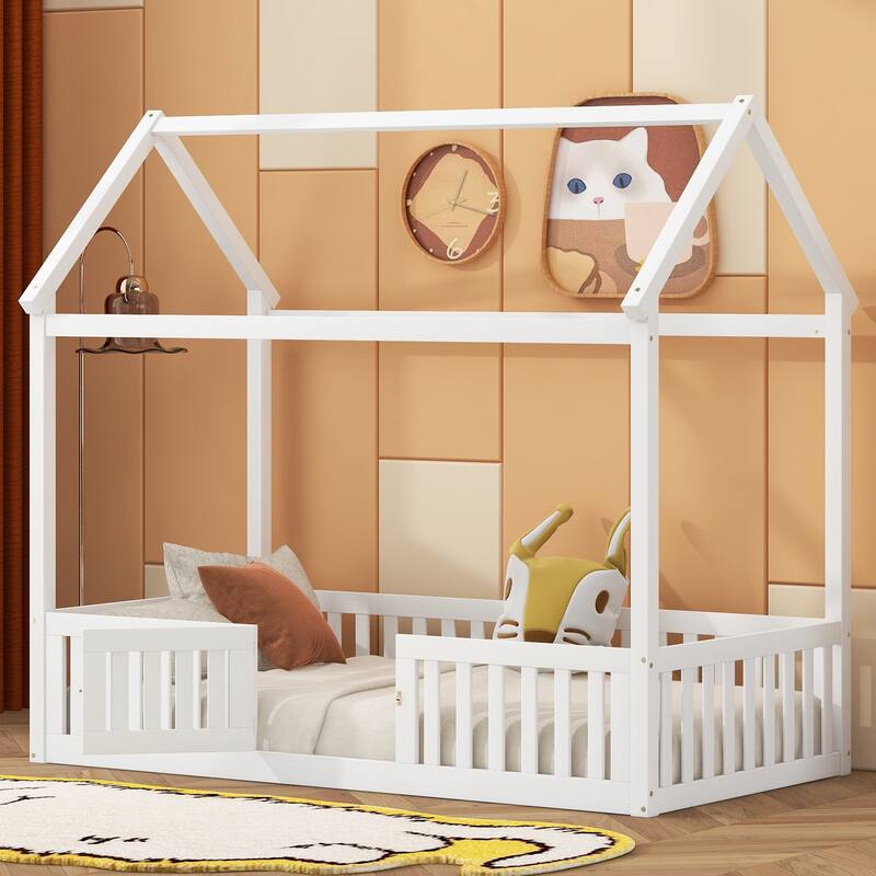Wooden House Bed with Fence and Door - White - Twin