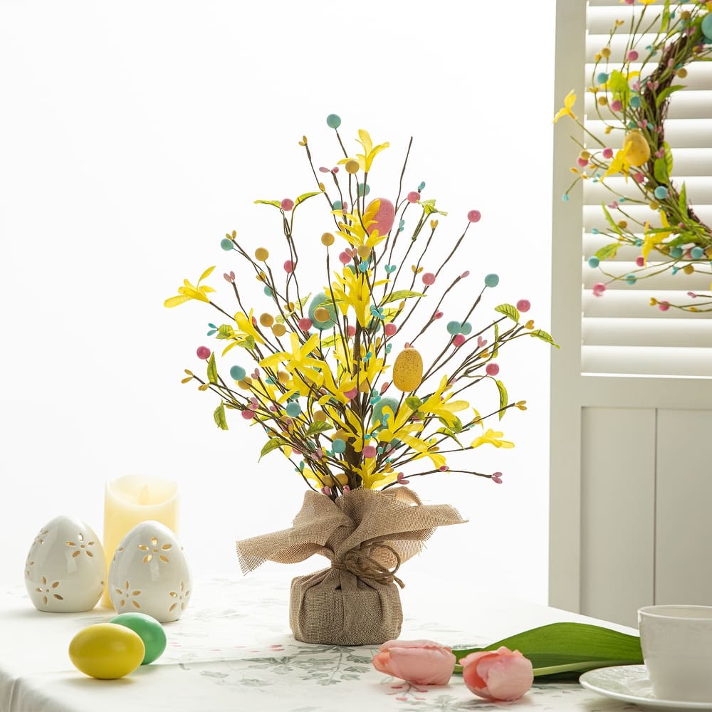 Glitzhome Easter Table Tree with Eggs Lavender Top Hat Decoration for Spring Party Supplies Props