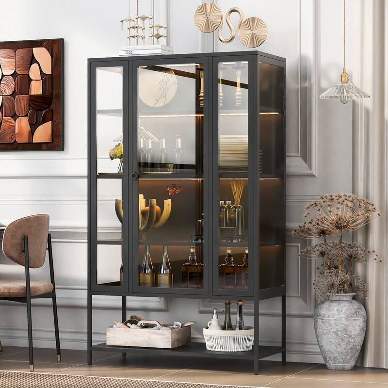 67.25" Iron Display Cabinet with Glass Door & LED Lights, 3-Sided Curio for Collectibles & Office