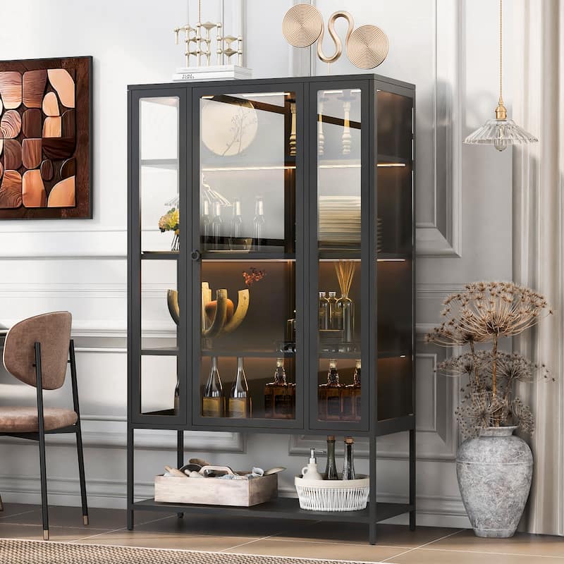 67.25"Tall Iron Display Cabinet with Glass Door and LED Lights Steel Curio Cabinet 3-Sided Glass Display Case