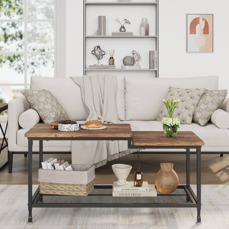 Coffee Table 2-Tier Center Table Rustic Living Room Table - Brown - Brown